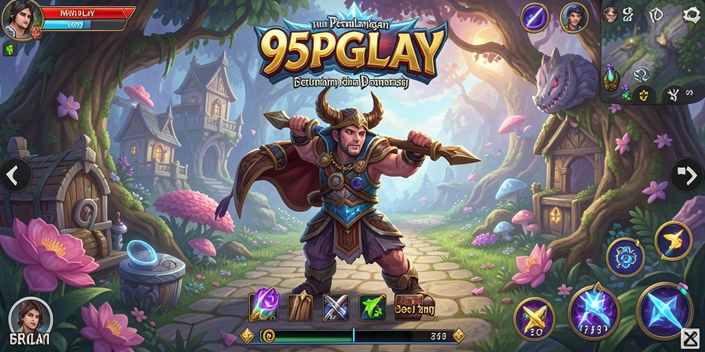 Screenshot utama 95PGPLAY menunjukkan karakter menjelajahi dunia fantastis.