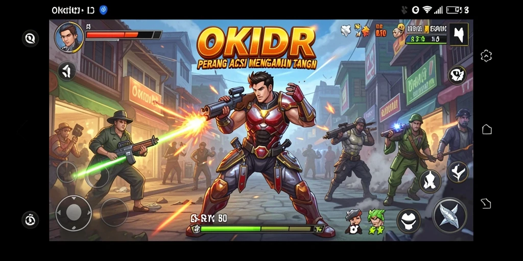 Screenshot utama OKIDR menampilkan aksi mendebarkan dalam pertempuran yang intens.