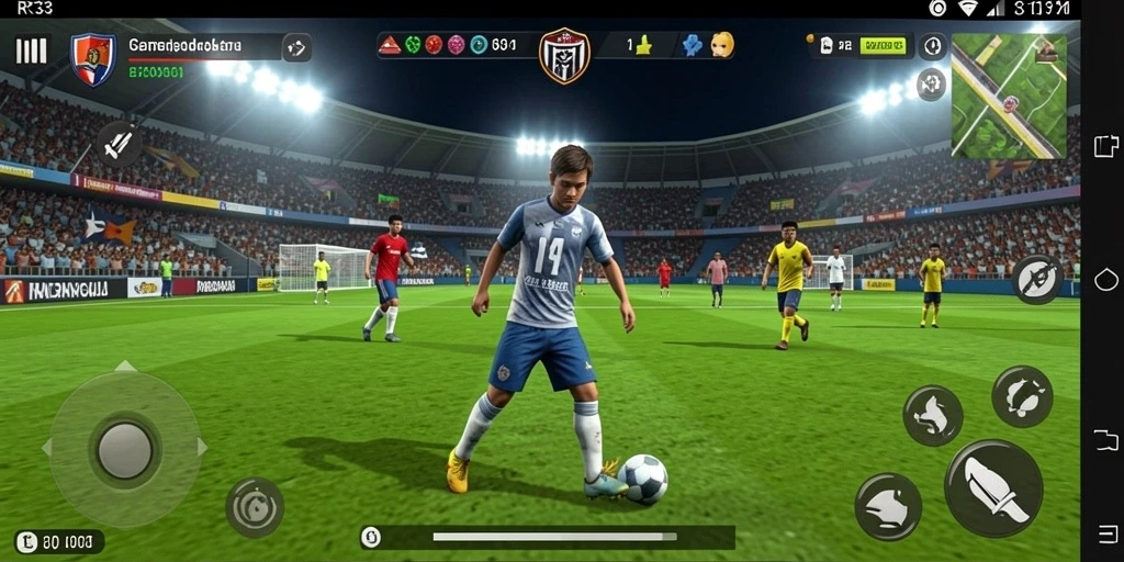 Tampilan gameplay RR33 yang menampilkan aksi sepak bola seru.