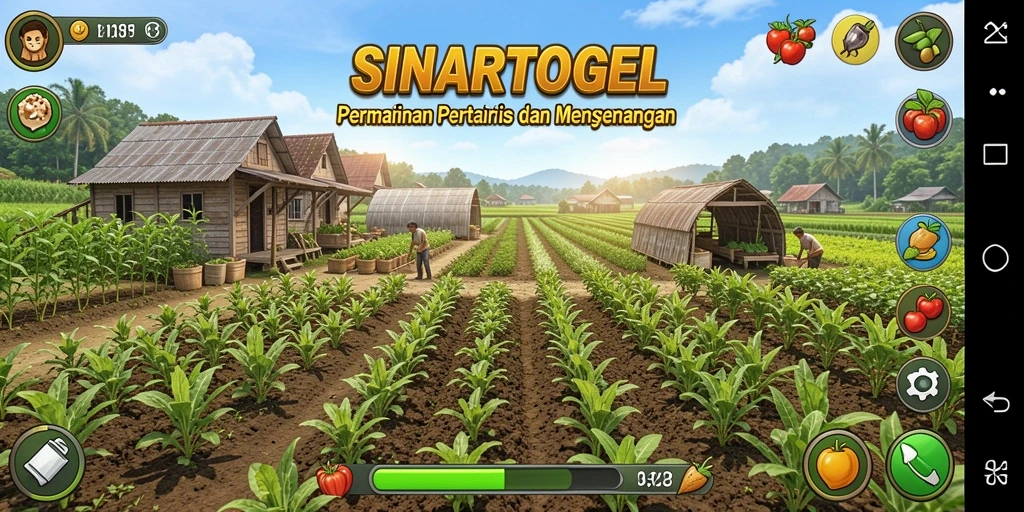 Screenshot gameplay SINARTOGEL menampilkan kehidupan pertanian yang ceria dan berwarna.